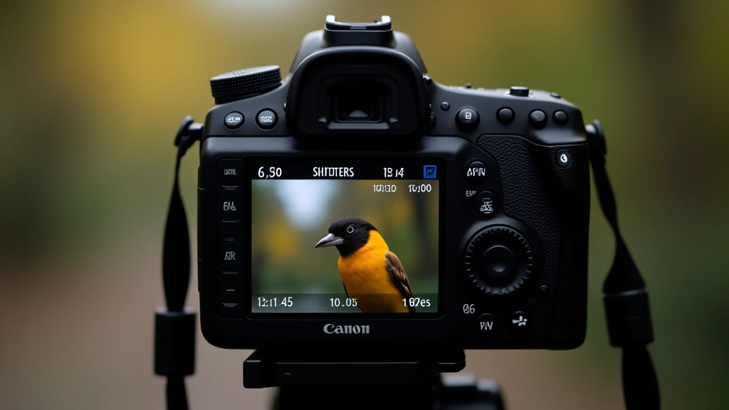 Fotoaparato ekranas su nustatymu: ISO 1600, 1/1000s, f/5.6 paukščių nuotraukavimui